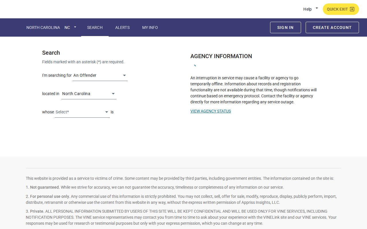 North Carolina VINELink custody search used by Wayne County