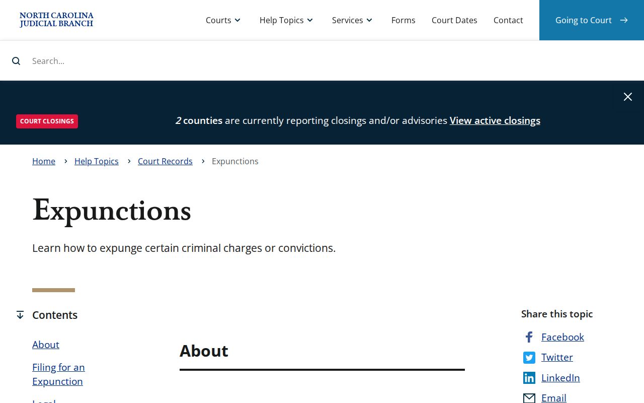 North Carolina Courts official expunction information
