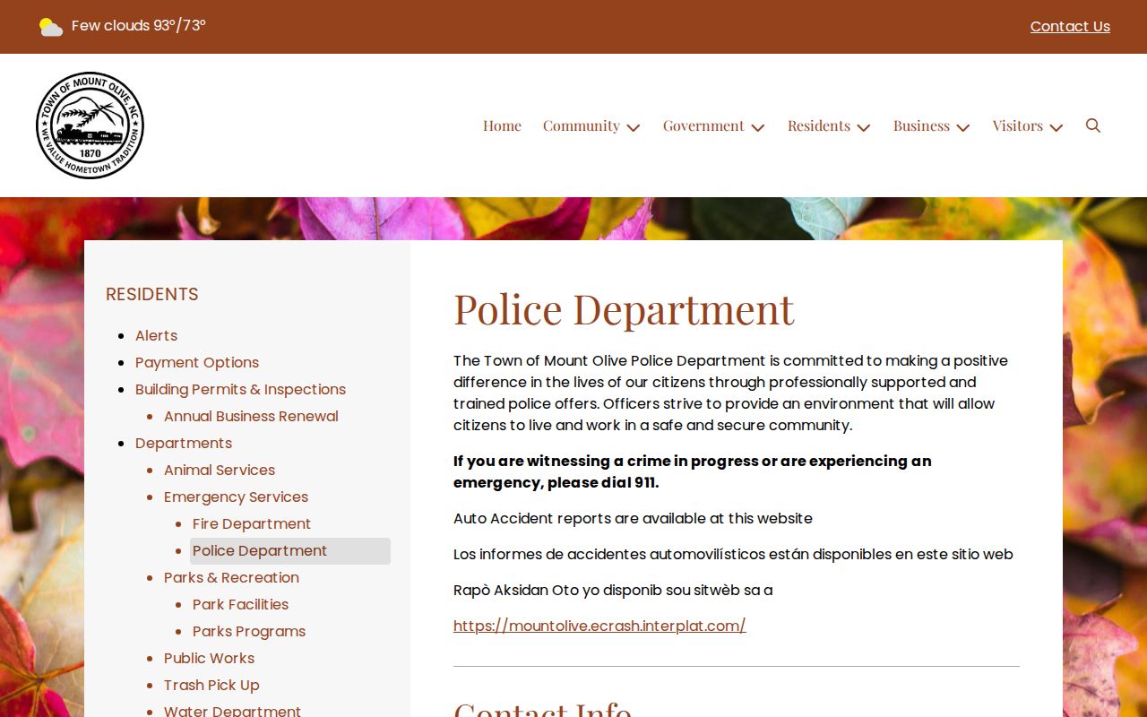 Town of Mount Olive Police Department official page for local arrest-report contacts