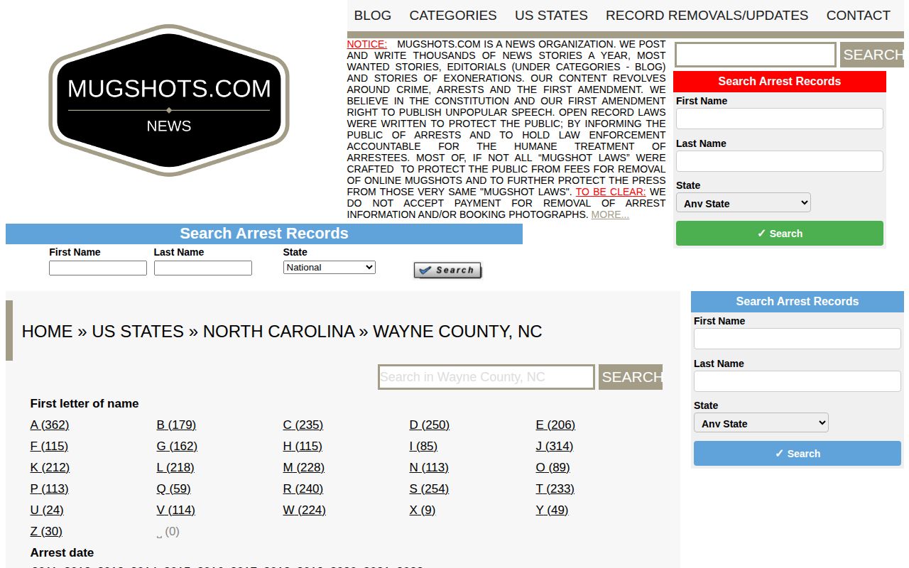 Unofficial Mugshots.com Wayne County arrest archive page
